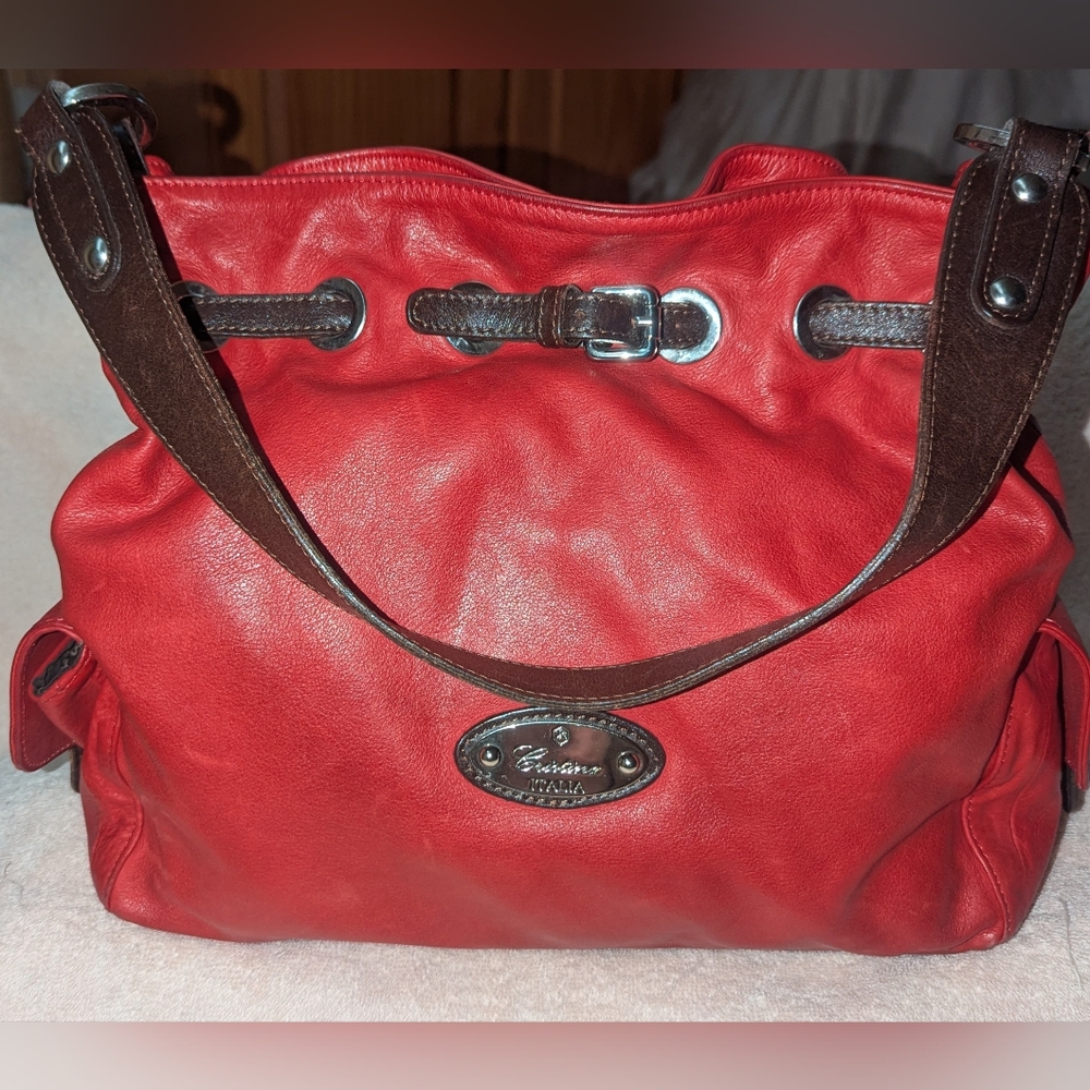Vintage Cristina  Red Leather Shoulder Bag with Dark Brown Accents